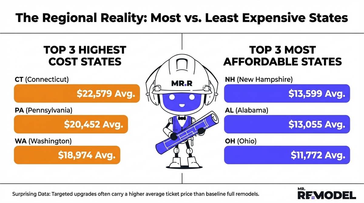 Infographic about the costs of a bathroom remodel according to region or state the homeowner is in..